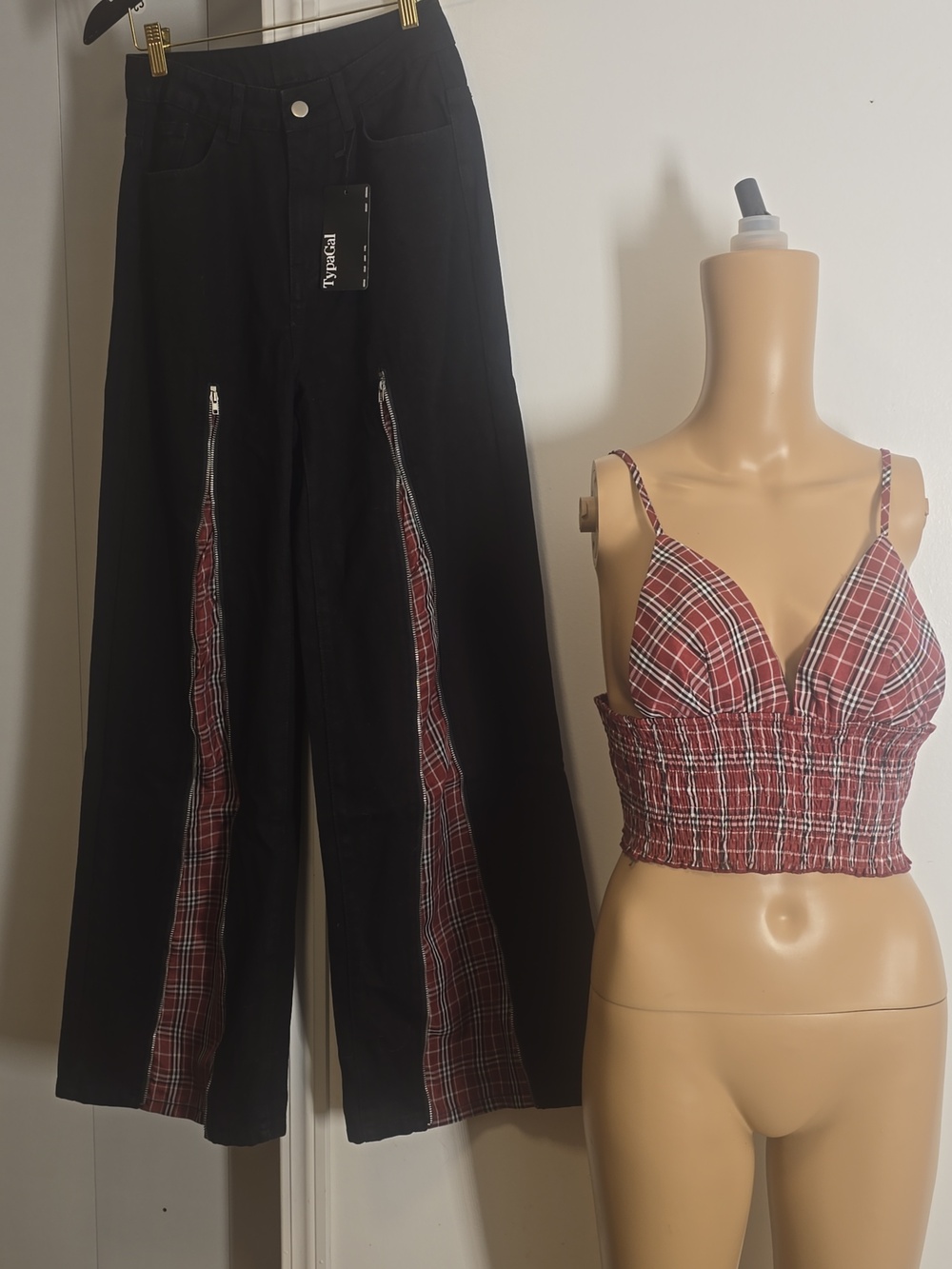 Red Plaid Wide Leg Zipper Flare Pants - S With Top - L